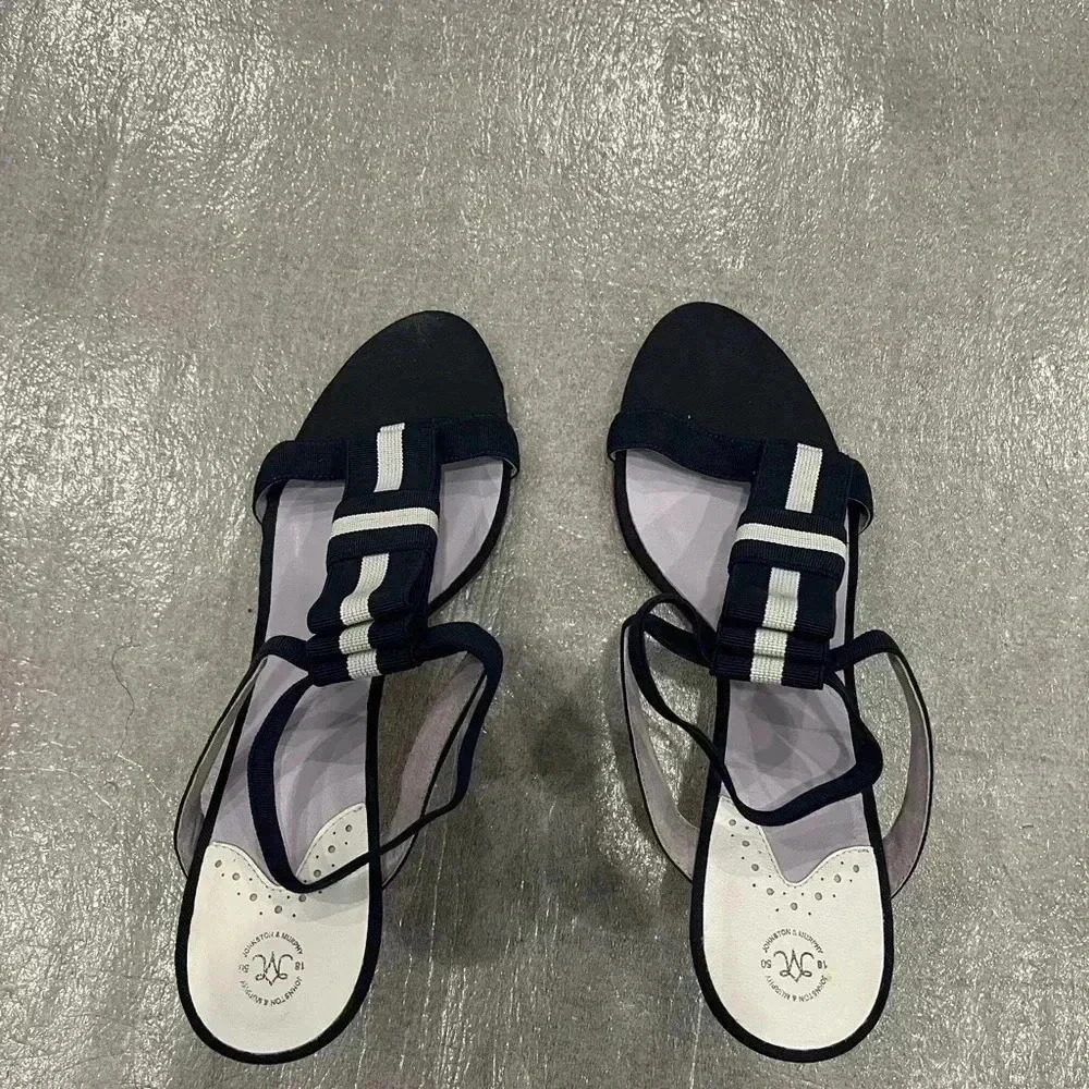 [8.5] Johnston & Murphy Chastity Wedge Blue Bow Ankle Strap Heel  Sandal - Picture 4 of 6